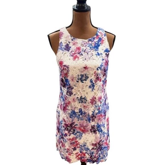 Gorgeous Tahari Floral Lace Overlay White & Purple Sheath Trapeze Dress – 6P - Picture 1 of 9